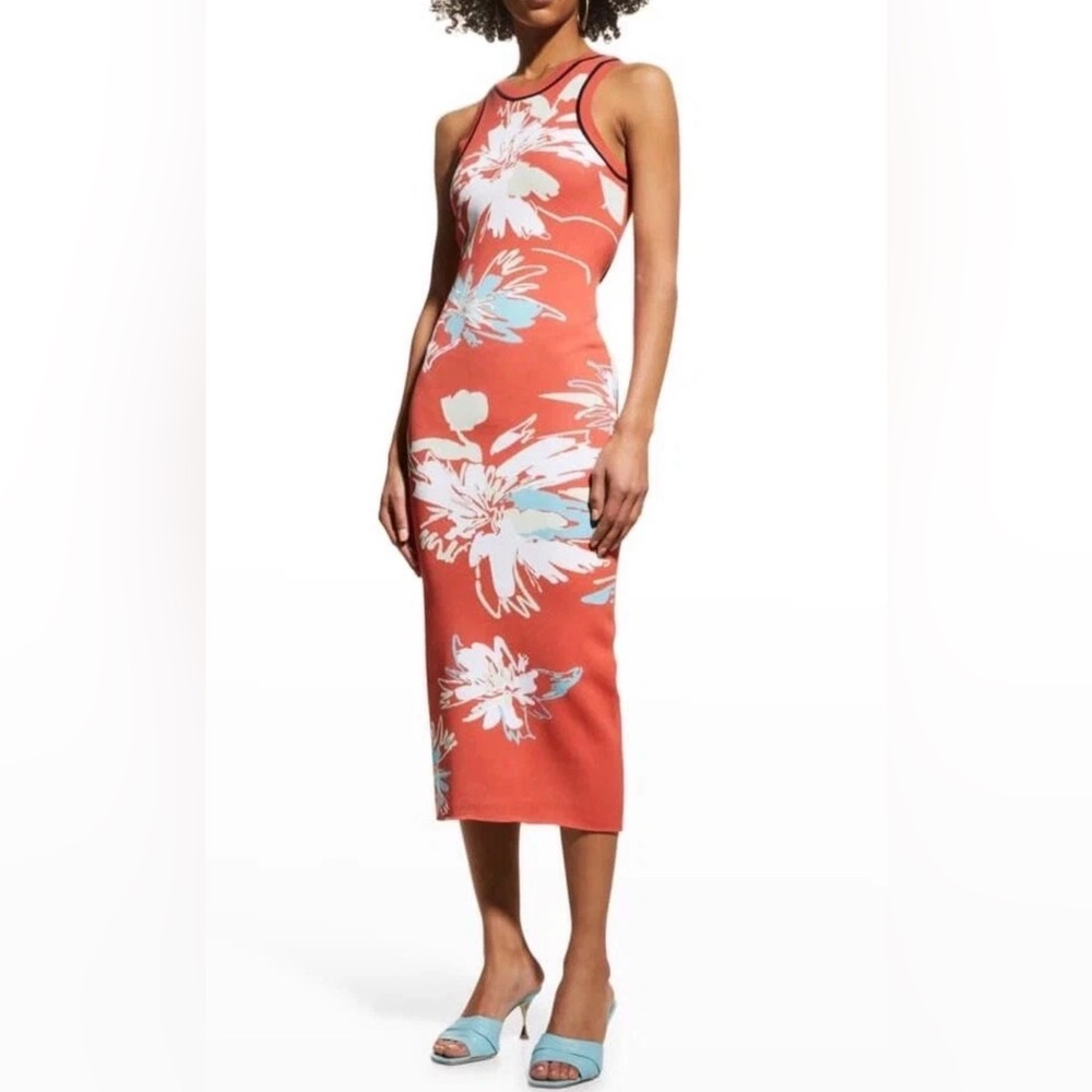 Tanya Taylor Coral and Blue Floral Midi Dress